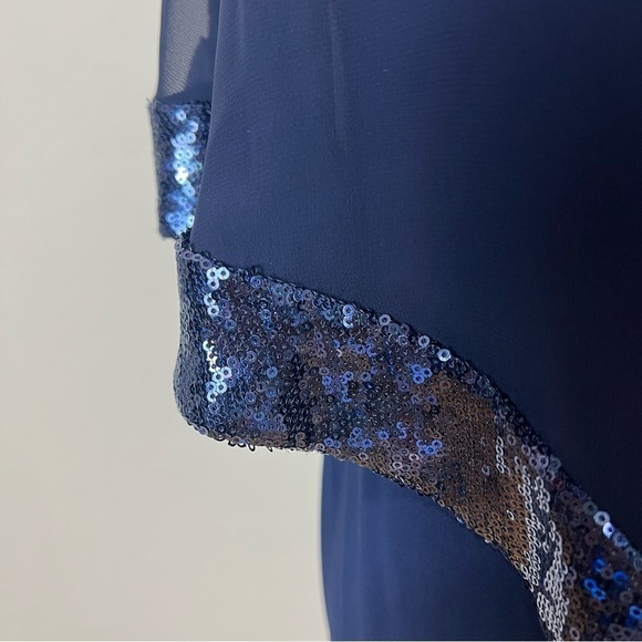 Xscape Blue Asymmetric Sheer Sequin Trim Overlay Sheath Dress Size 2 Petite - Picture 4 of 10